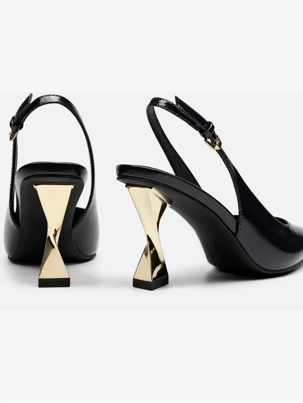 Patent Leather Slingback Pump with Sculpted Gold Heel - Black